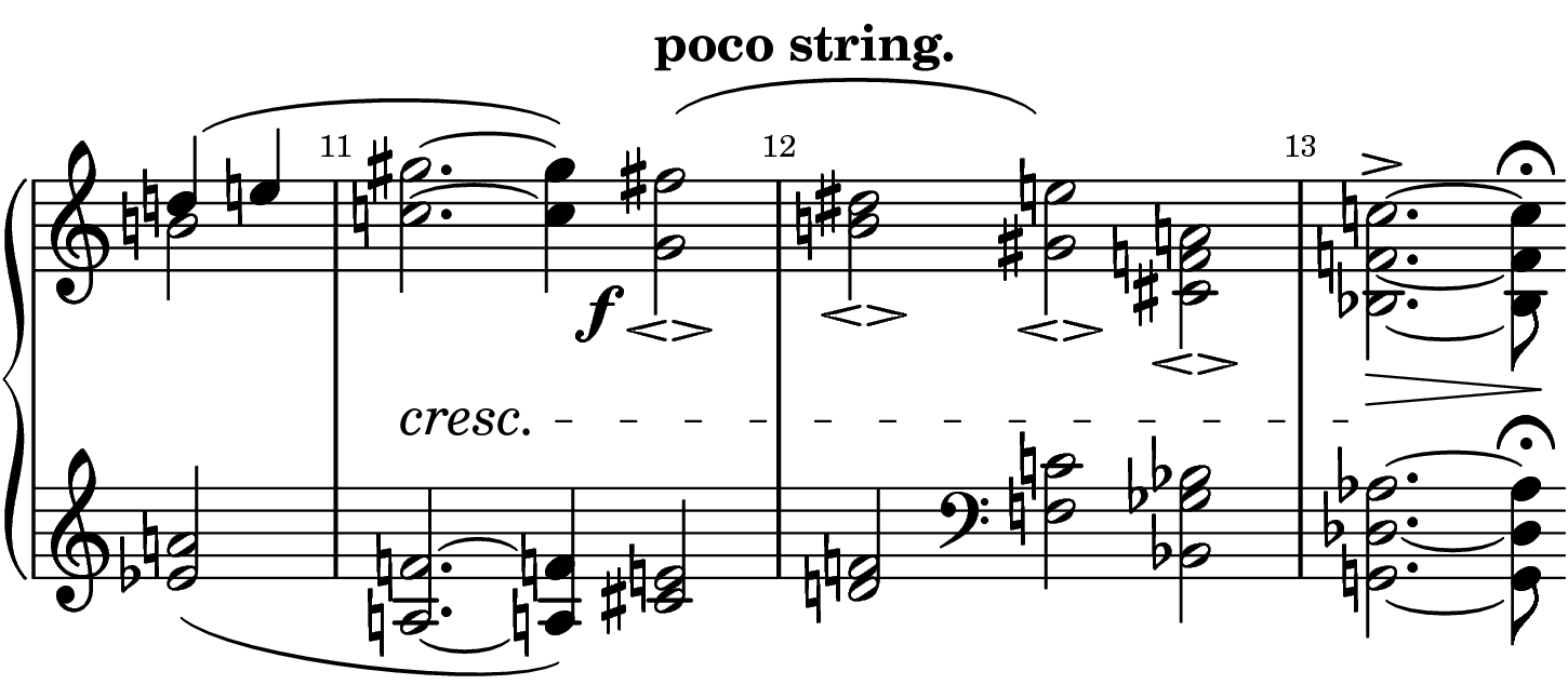 Arnold Schönberg, Drei Klavierstücke op. 11, Nr. 2, Takt 11 f.